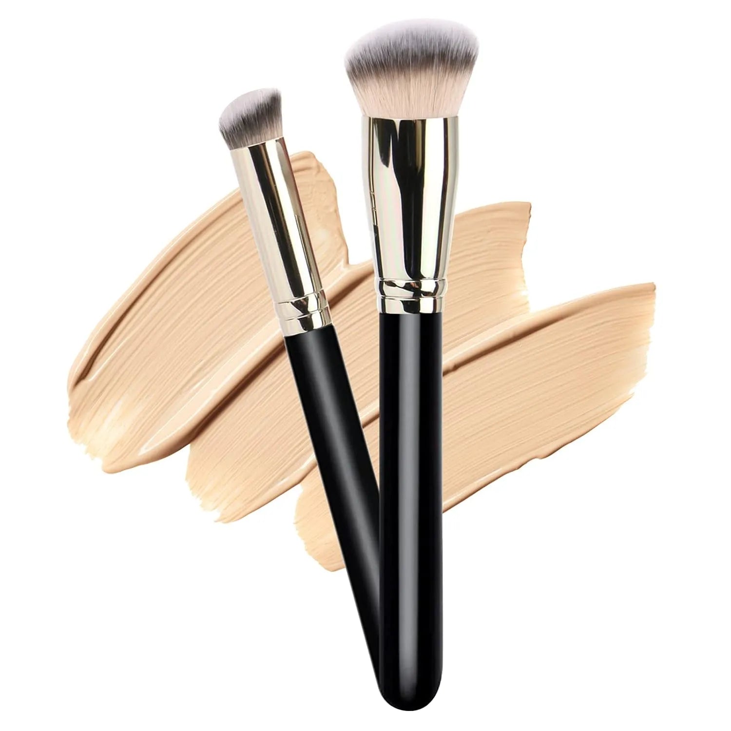 2-Piece Angled Foundation and Concealer Brush Set with soft synthetic bristles on a background of foundation swatches.