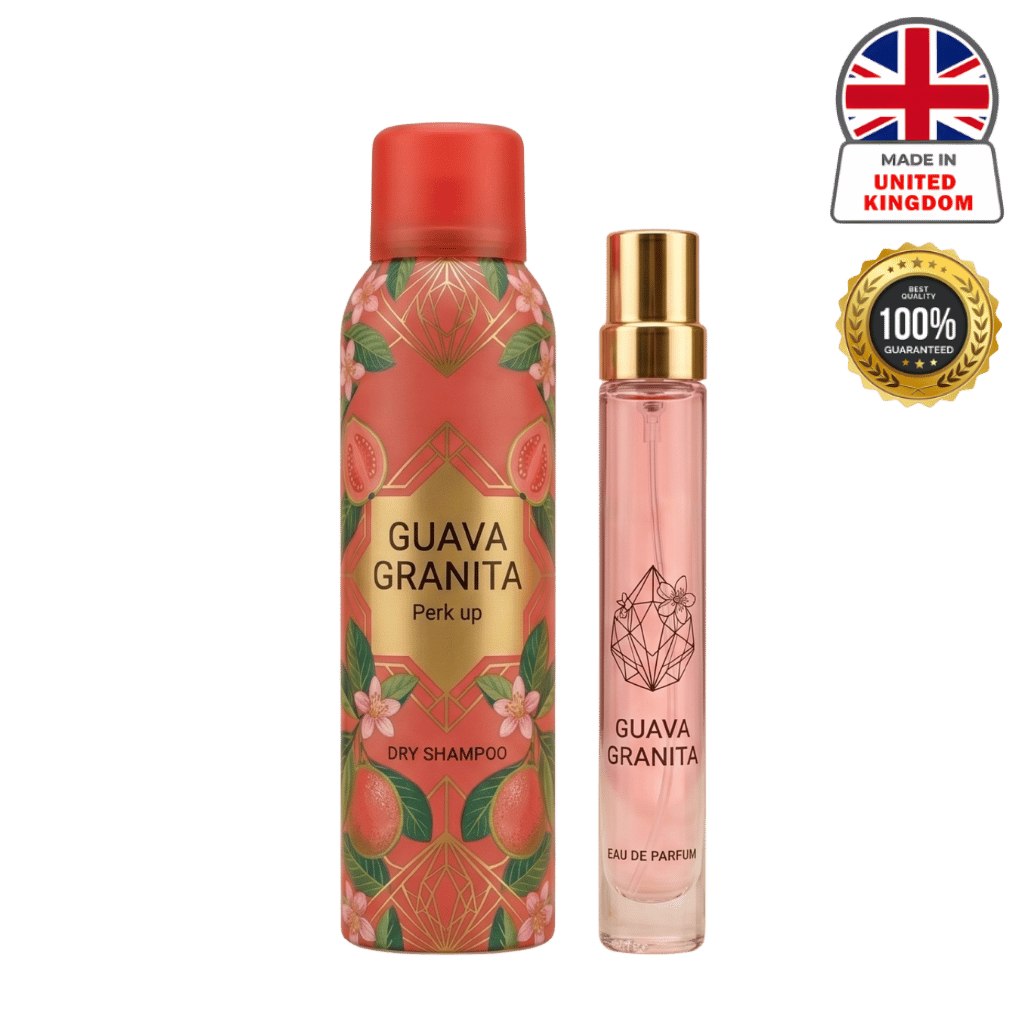 Guava Granita Set featuring a dry shampoo and eau de parfum for shiny, fresh hair with guava scent.