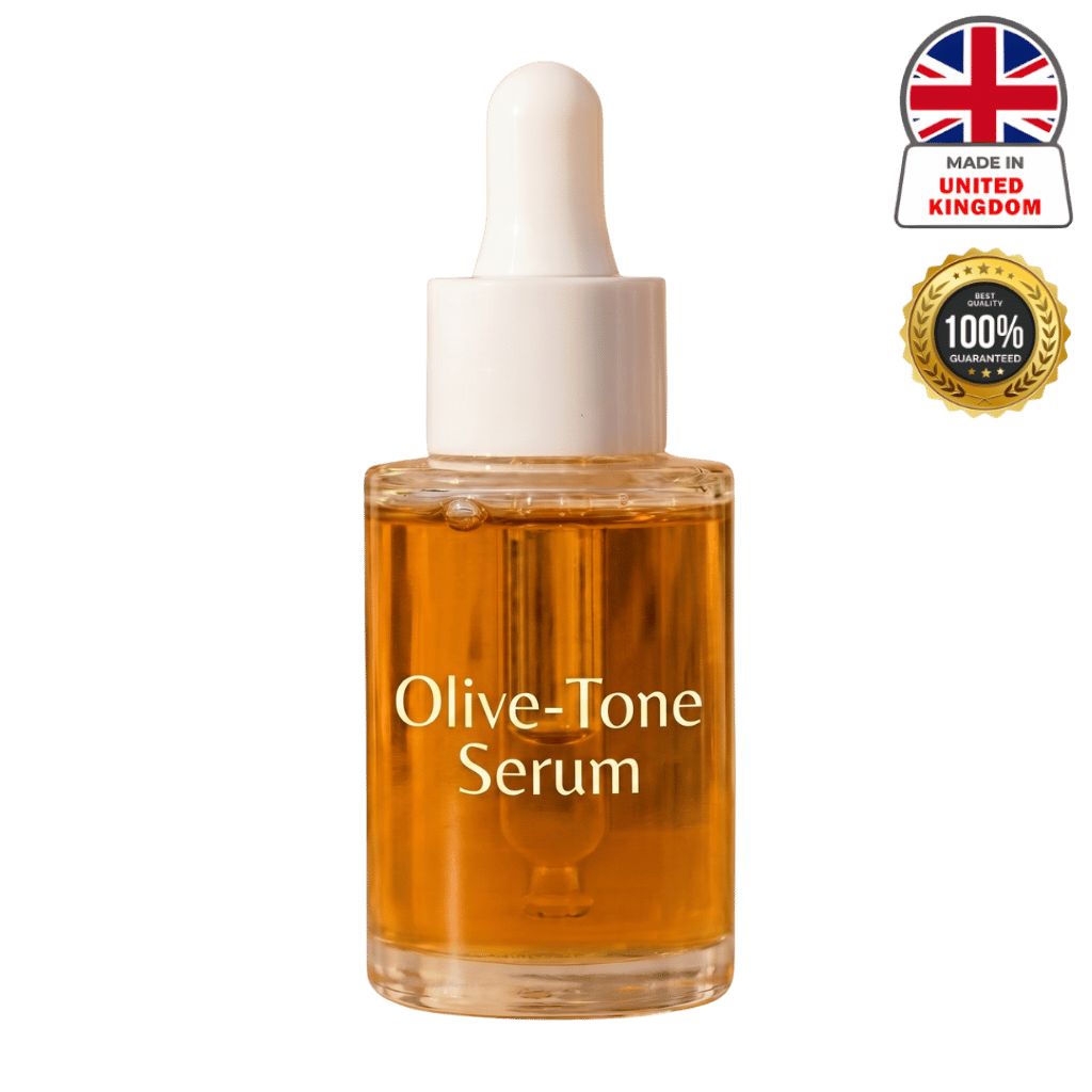Olive-Tone Serum in a glass bottle promoting a naturally radiant olive-toned glow for beautiful skin.