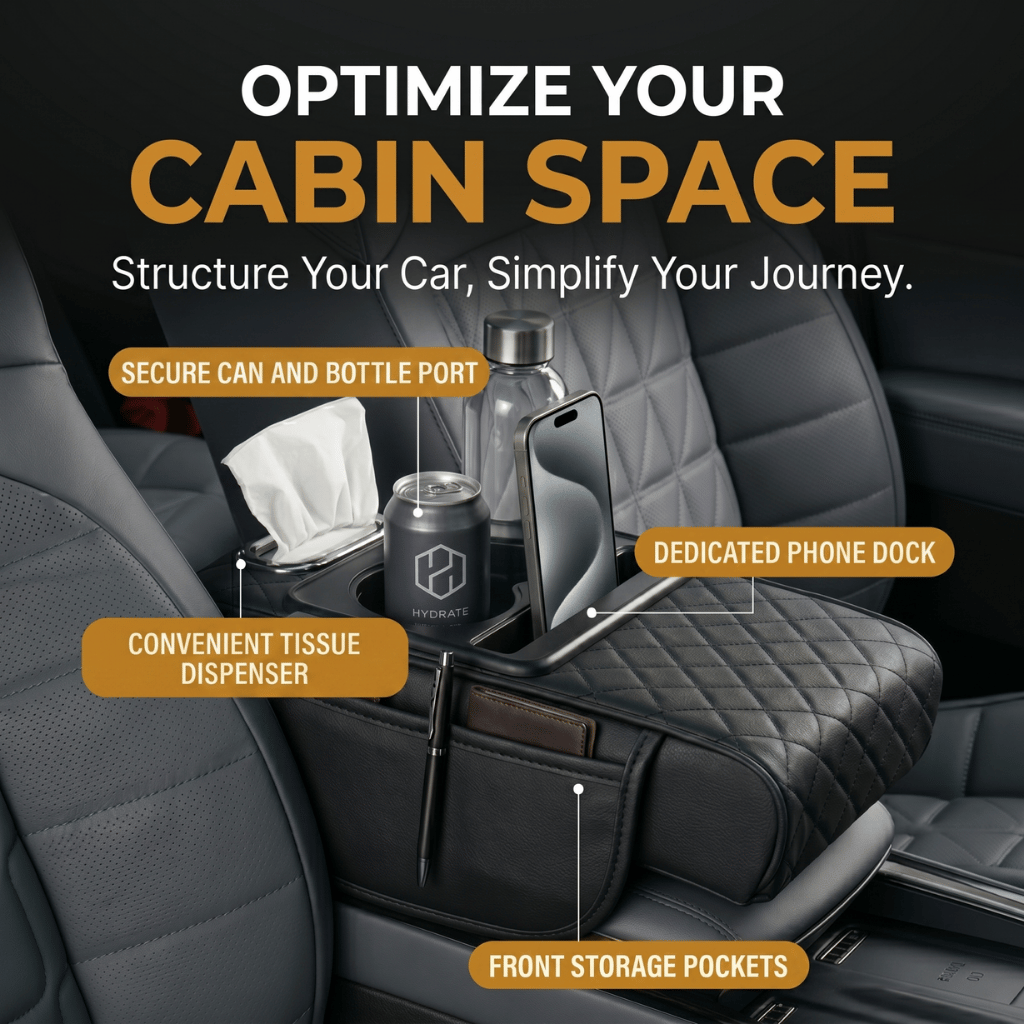 Multifunctional PU Leather Car Armrest Box Mat shown in a car with pockets and drink holders for organization.