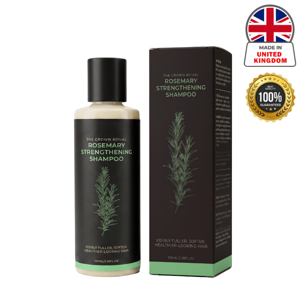 Rosemary Hair Care Shampoo bottle and packaging showcasing its benefits of fuller, softer, healthier-looking hair.