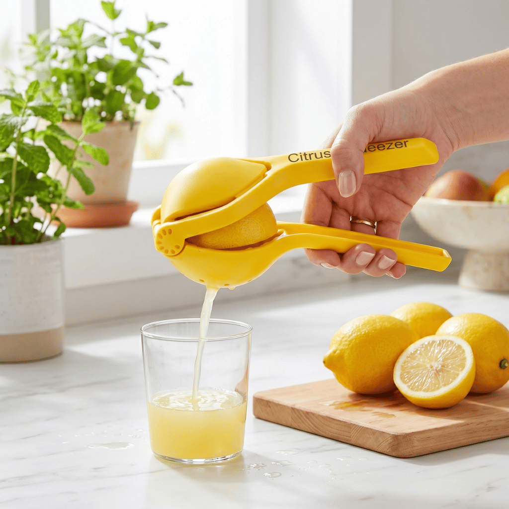 Citrus Squeezer extracting fresh lemon juice into a glass with whole lemons in the background.