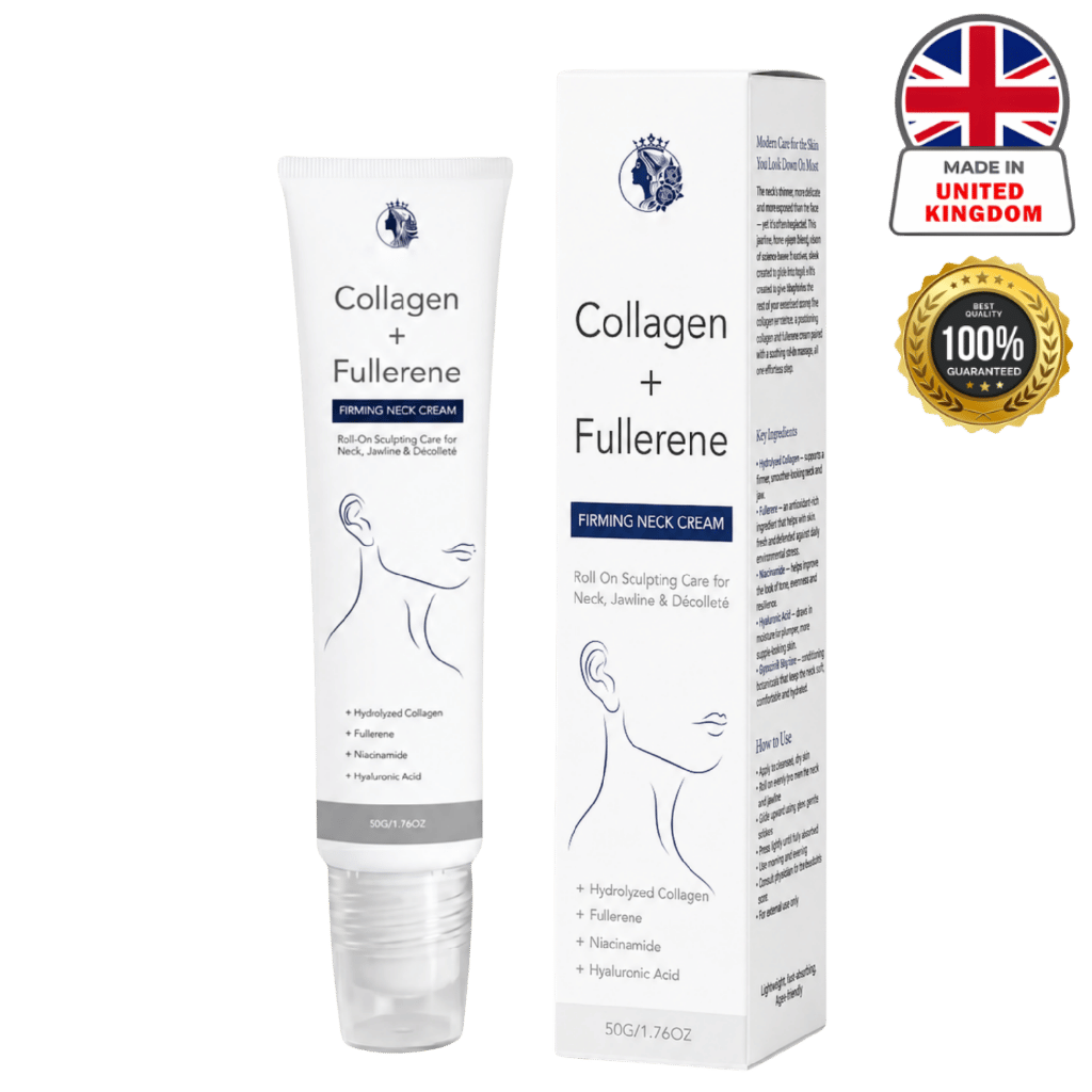 Tightening Neck Cream in a tube with ingredients for firmer neck care, made in the UK, 100% guaranteed.