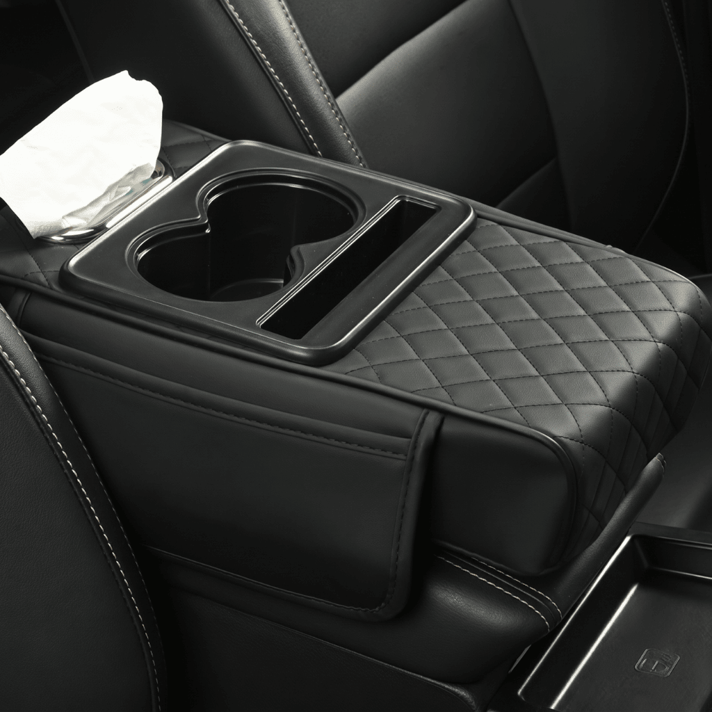 Multifunctional PU Leather Car Armrest Box Mat with sleek design and cup holder in vehicle interior