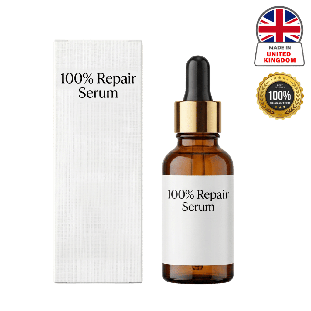 100% Repair Serum bottle and packaging with gold dropper, designed for smoother and radiant skin.
