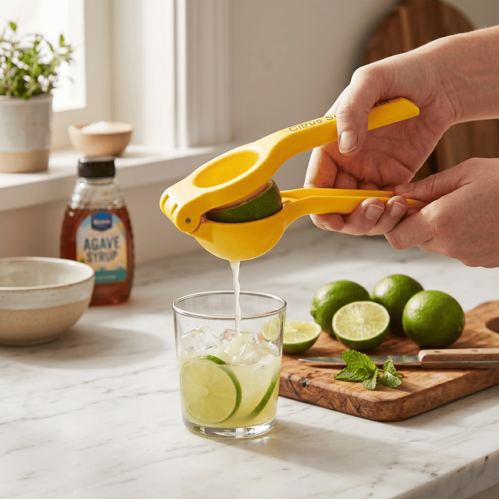 Citrus Squeezer in use, effortlessly juicing limes over a glass with ice, ideal for fresh drinks.
