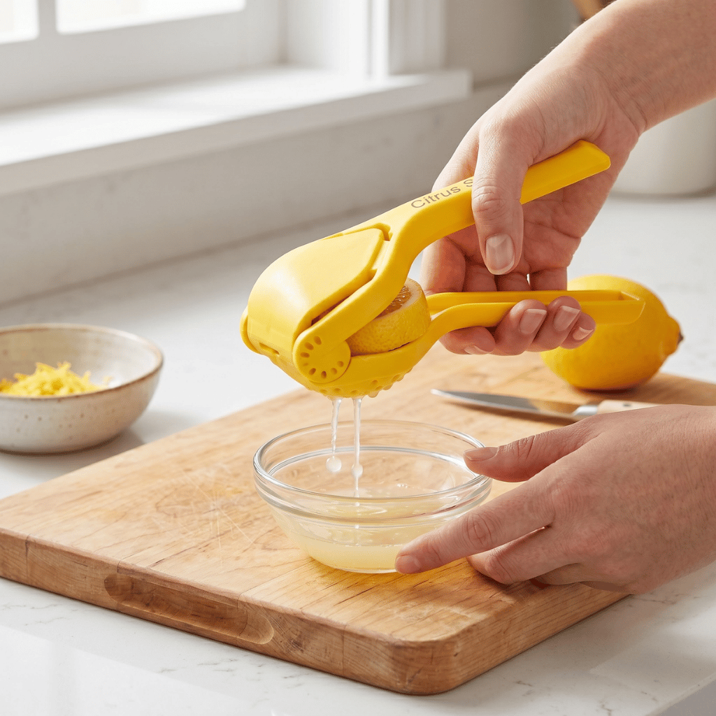 Citrus Squeezer in action, effortlessly extracting juice from a lemon into a glass bowl on a wooden countertop.