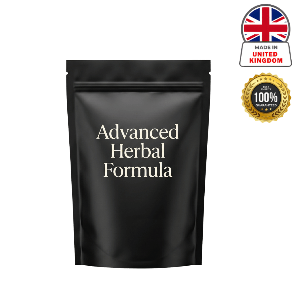 Packaging of Advanced Herbal Formula for skincare with a sleek black design and guarantee badge.