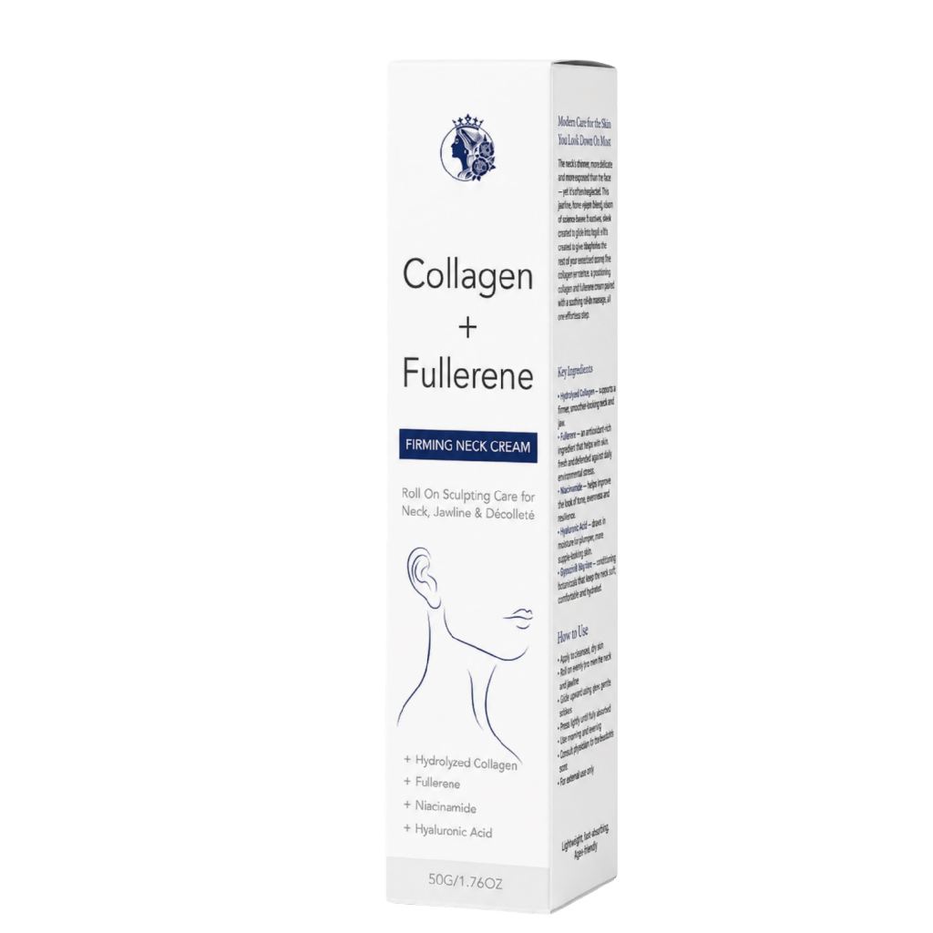 Collagen + Fullerene Firming Neck Cream packaging, highlighting its tightening benefits for smoother neck skin.