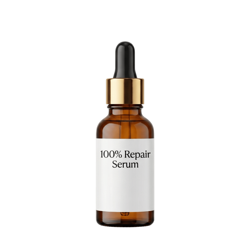 100% Repair Serum in a glass dropper bottle, promoting smoother and radiant-looking skin.