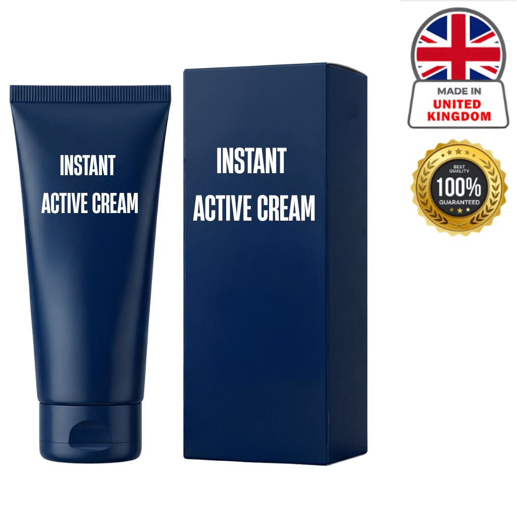 Instant Active Cream in a navy blue tube and box, made in the United Kingdom, 100% guaranteed skincare.