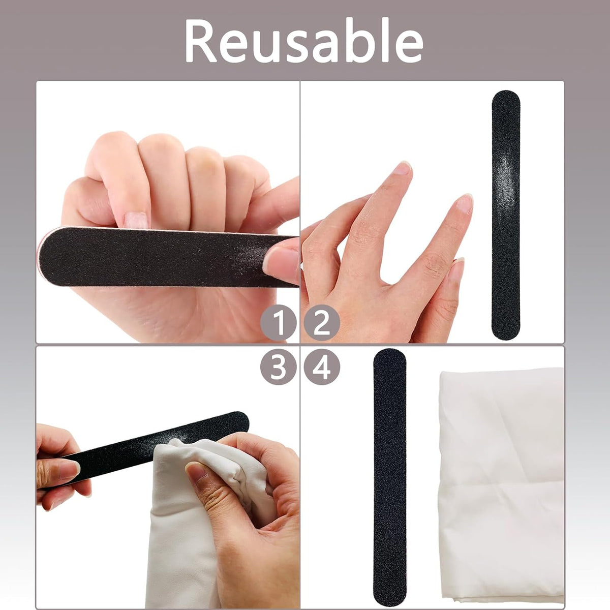 3-Pack Professional Nail File Set demonstration showing reusable emery nail files in use for nail care.