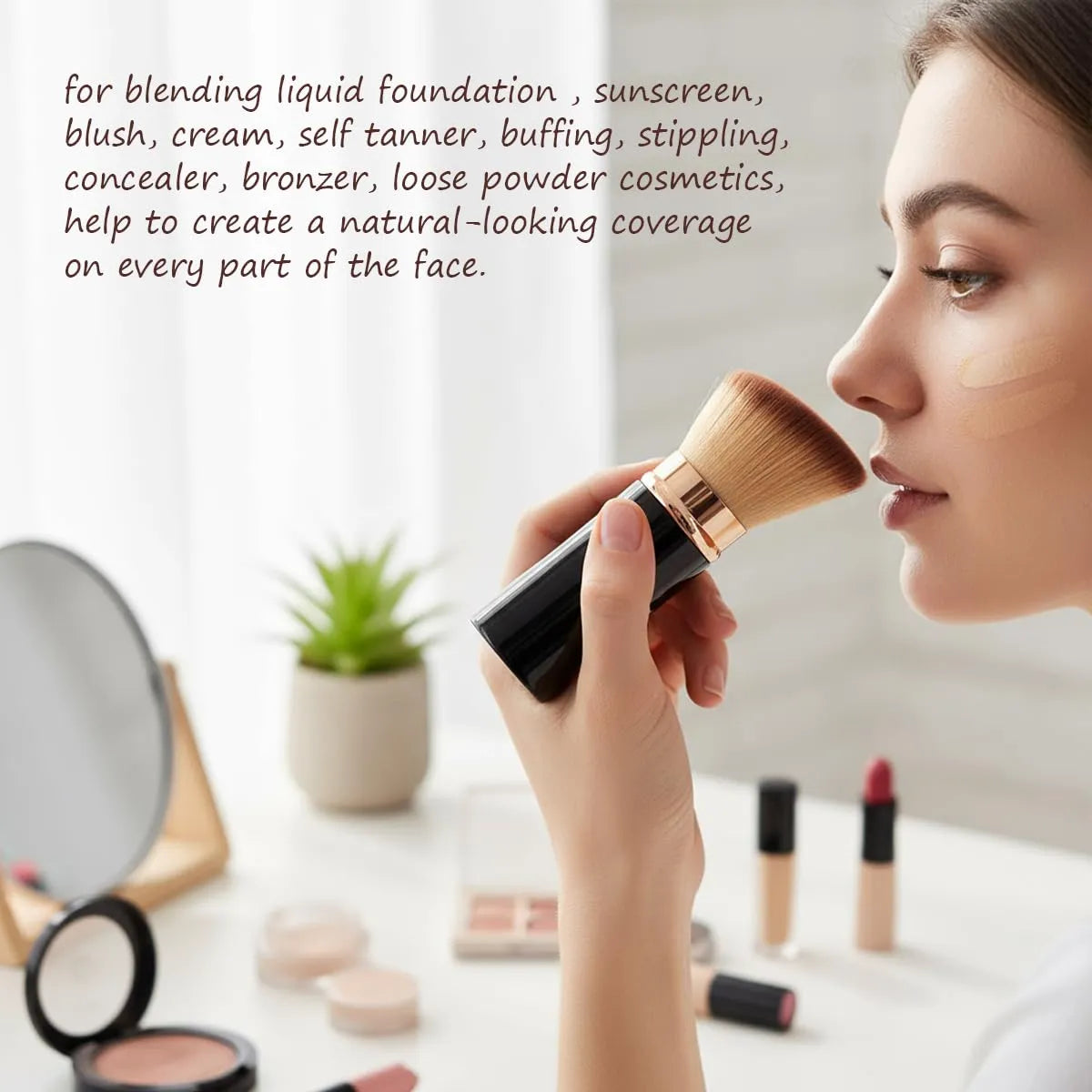 Retractable Kabuki Makeup Brush for blending liquid foundation and other cosmetics, creating natural-looking coverage.