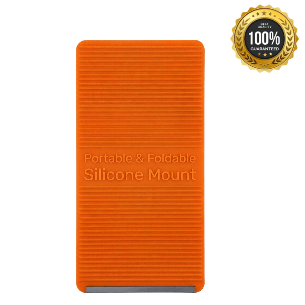 Ultra Portable & Foldable Silicone Mount in vibrant orange color, featuring a textured surface for secure device support.