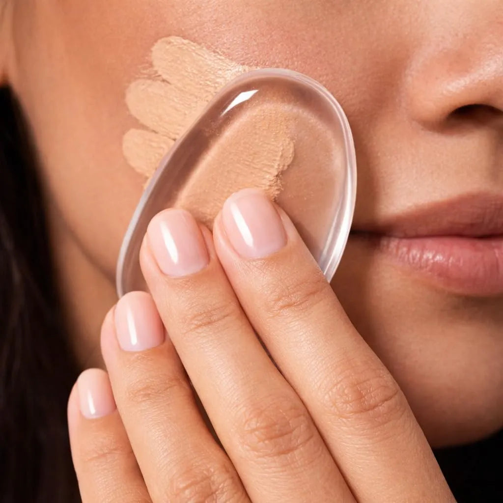 A woman applying liquid foundation with Silicone Makeup Sponges – 2 Pack on her cheek for a flawless finish.