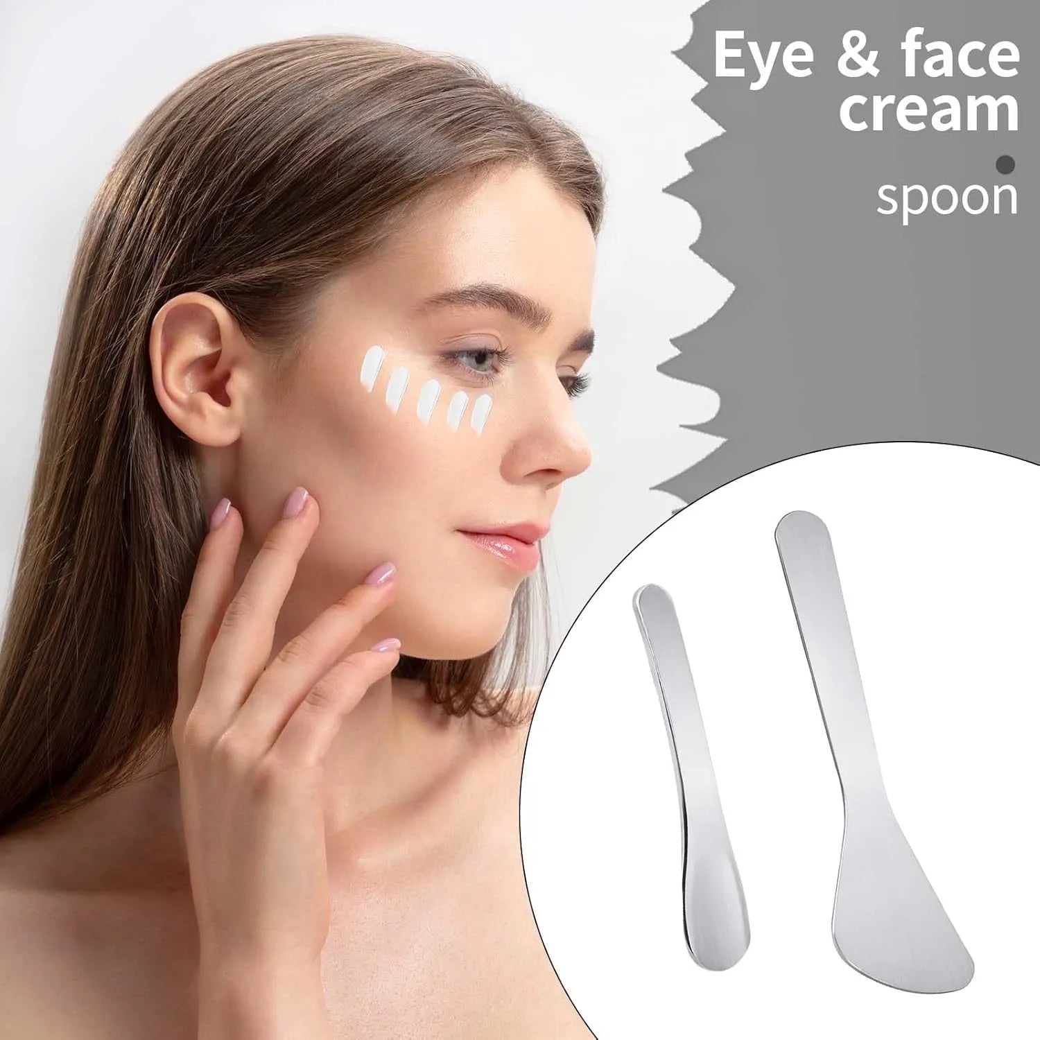 Stainless Steel Cosmetic Skincare Spatula Set with two spatulas, a woman applying cream to her face.
