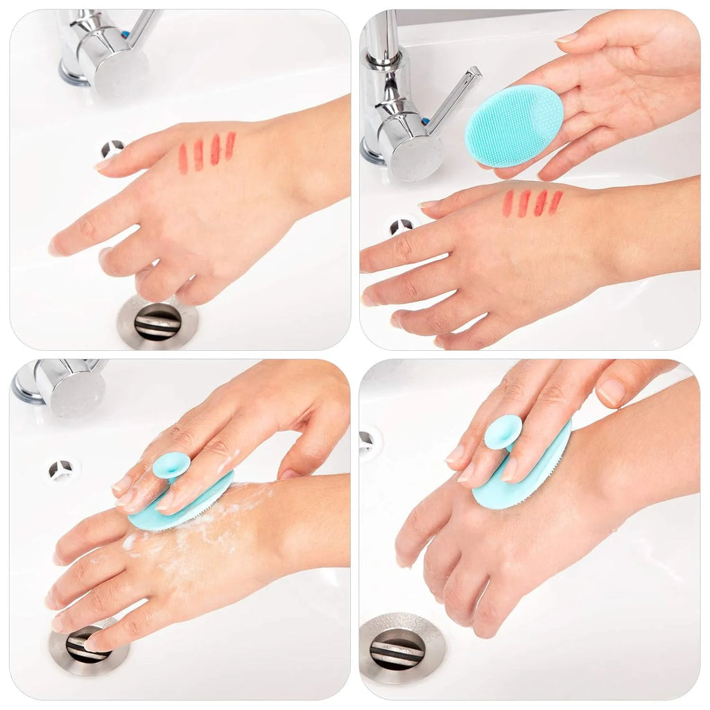 4-Pack Silicone Facial Cleansing Scrubbers in use, demonstrating effective cleansing and exfoliation on hands.
