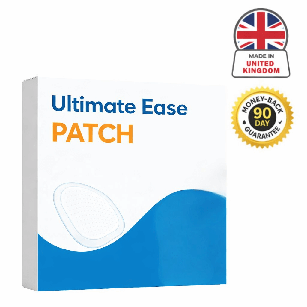 Ultimate Ease Patch packaging showcasing lightweight daily skincare solution with money-back guarantee.