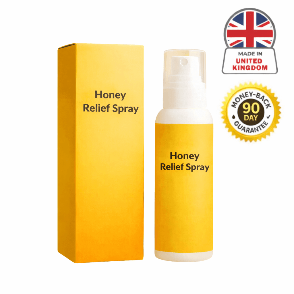 Honey Relief Spray bottle and box with a yellow design and UK made label.