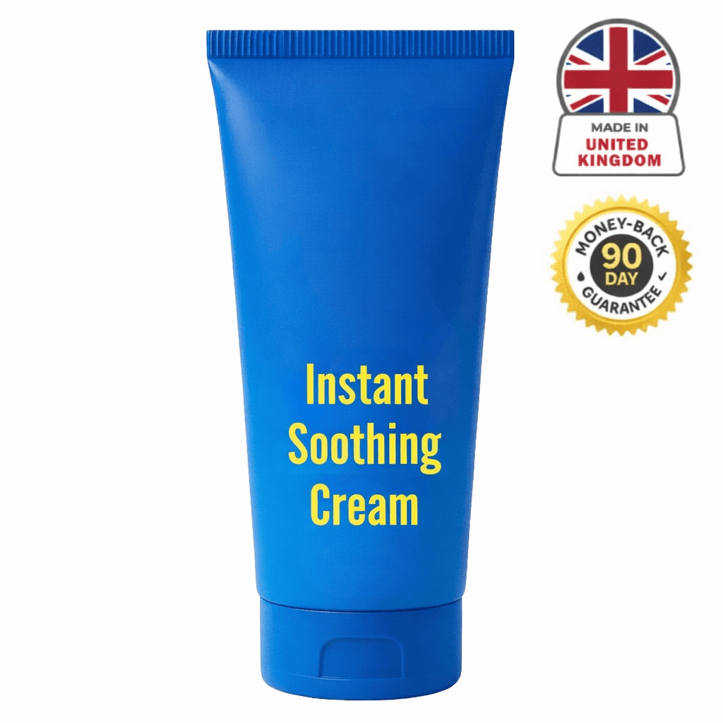 Instant Soothing Cream tube in blue with a guarantee sticker, highlighting smooth skincare.