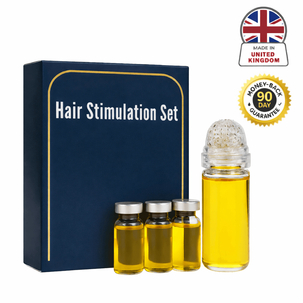 Hair Stimulation Set with bottles of oils and applicator, designed for shiny and healthy hair care.