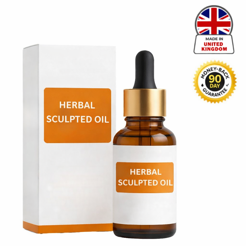 Herbal Sculpted Oil bottle and box designed for daily skincare rituals, featuring a 90-day money-back guarantee.