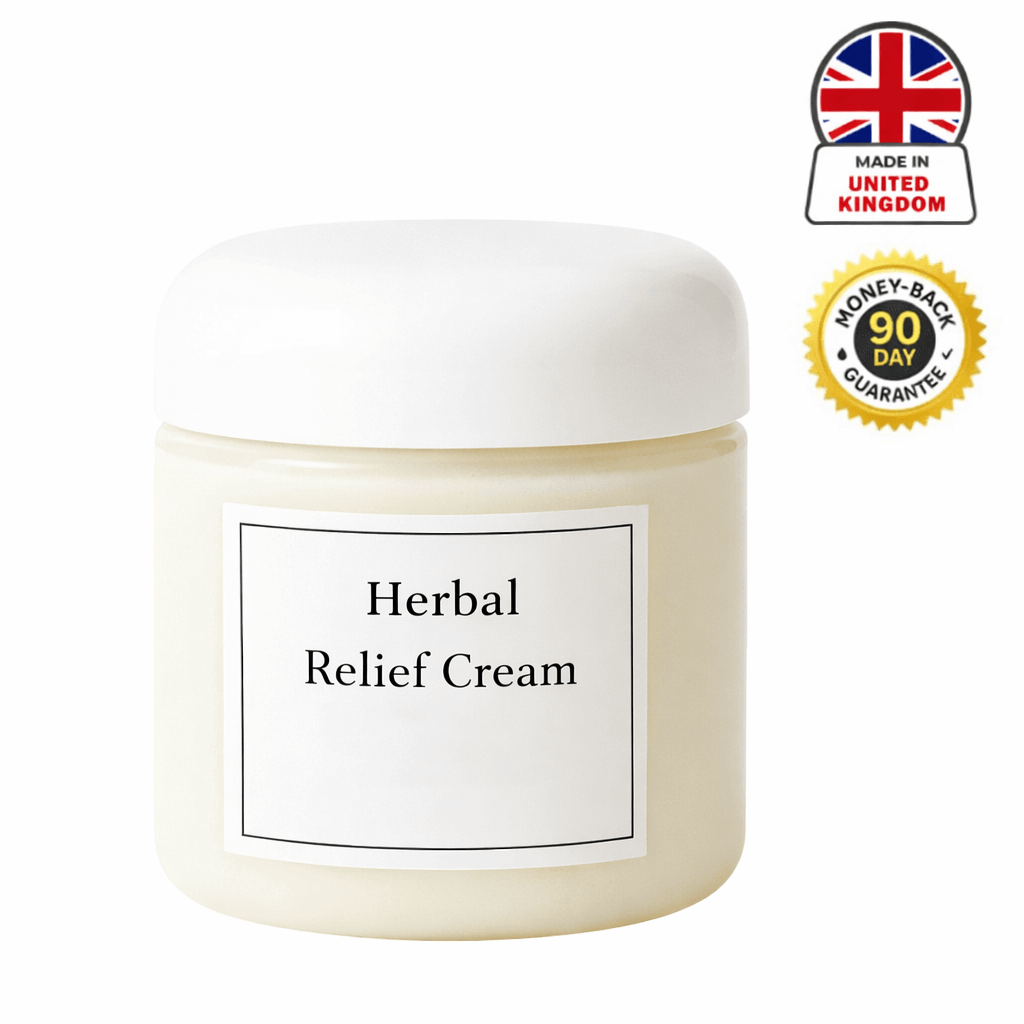 Herbal Relief Cream in a jar, soothing skin-conditioning cream for everyday care and comfort.