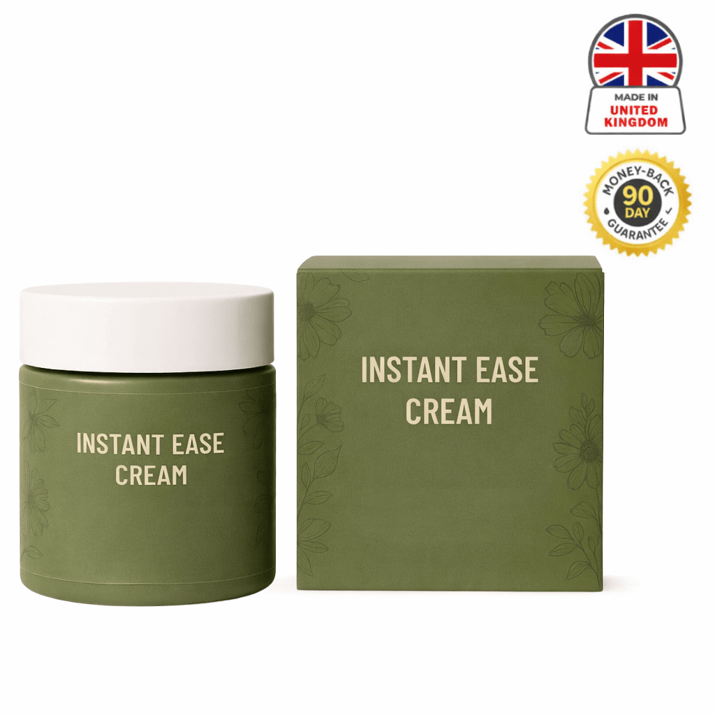 Instant Ease Cream jar and box packaging, designed for smooth skin surface refinement, made in the UK.