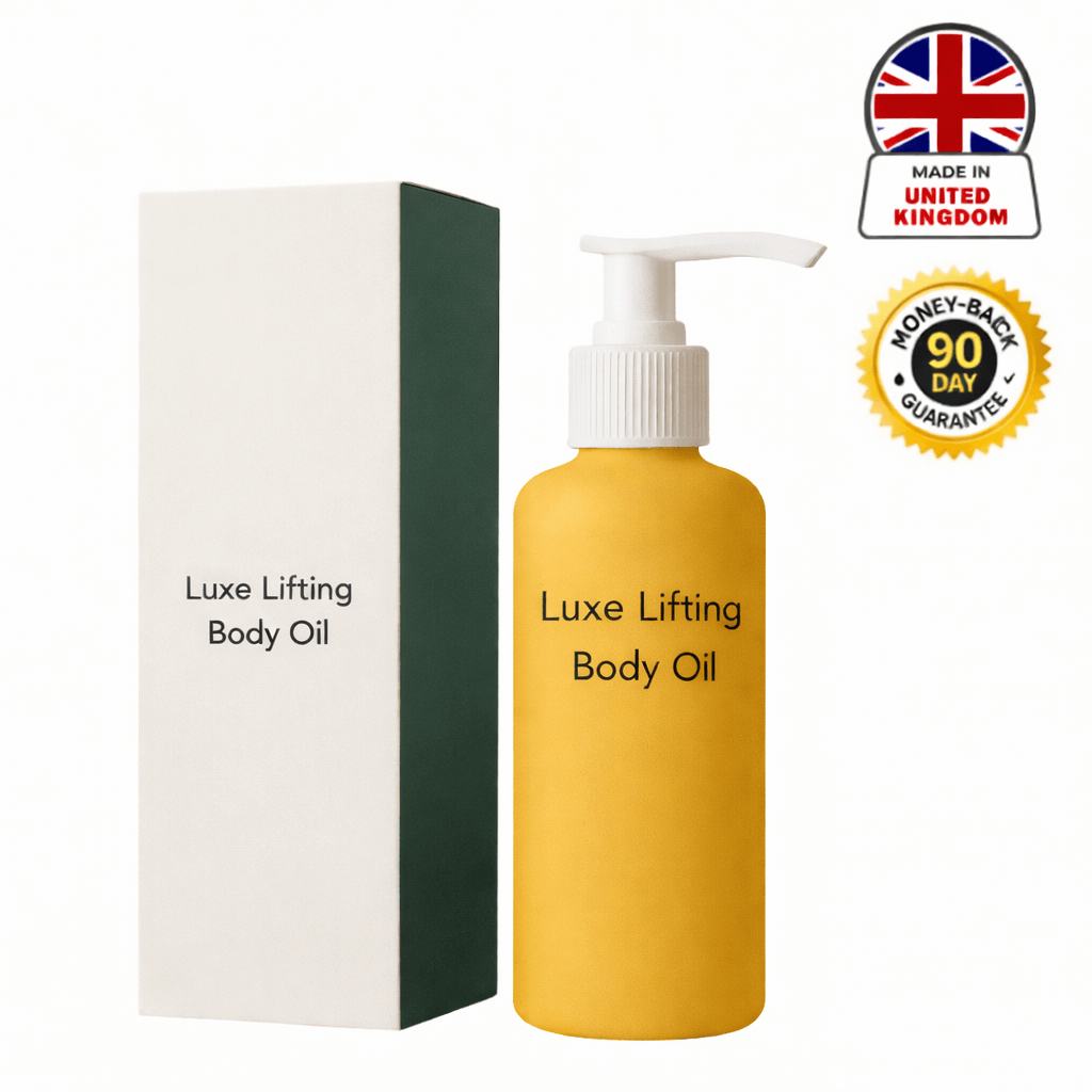 Luxe Lifting Body Oil bottle with box, showcasing luxurious skincare for smooth and hydrated skin.