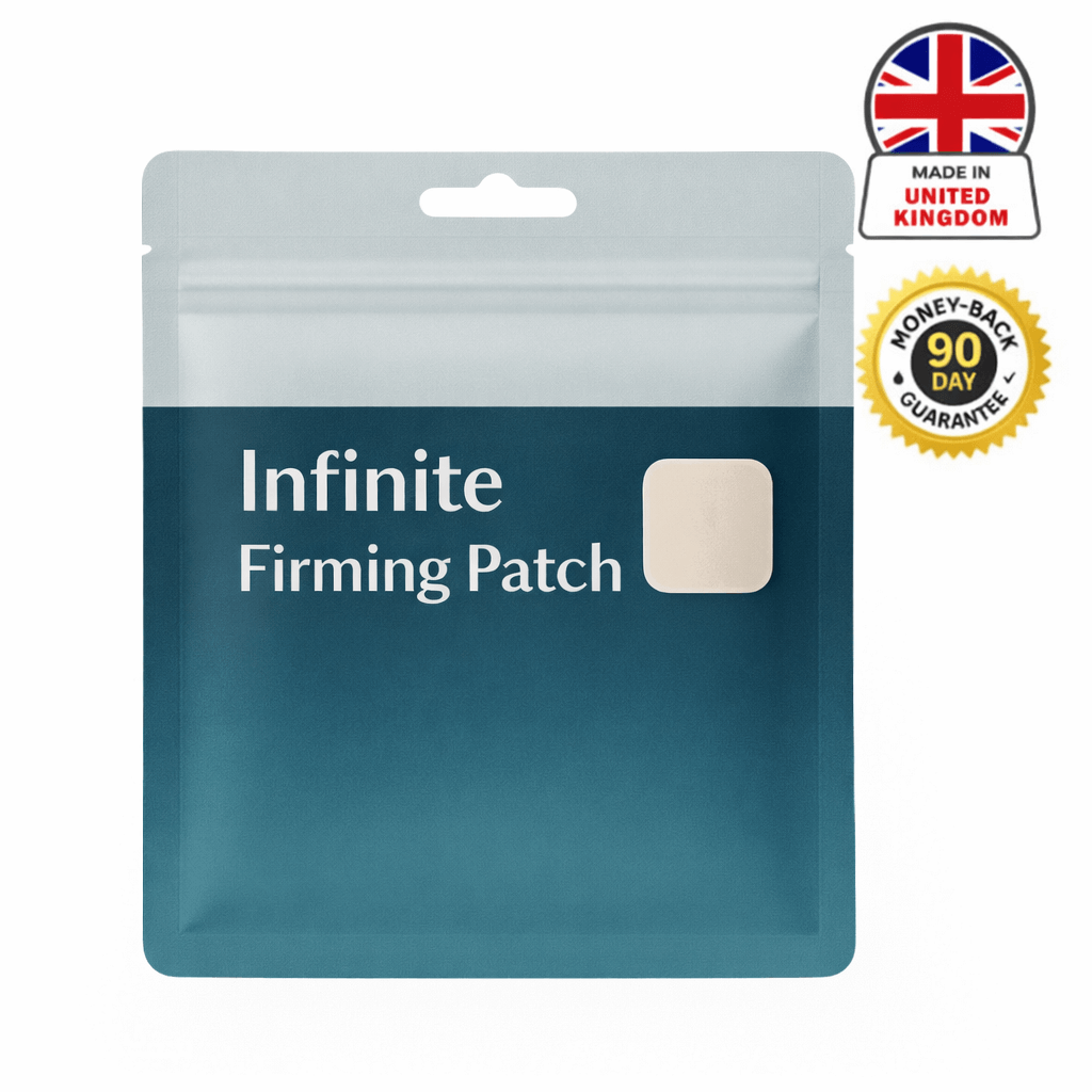 Packaging of Infinite Firming Patch featuring a sleek design and a money-back guarantee.