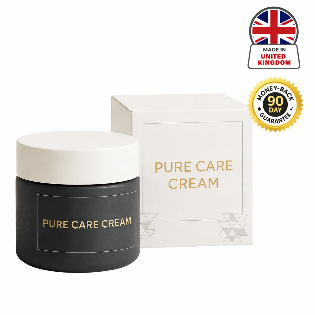 Pure Care Cream product jar and box, featuring money-back guarantee and made in UK seal.