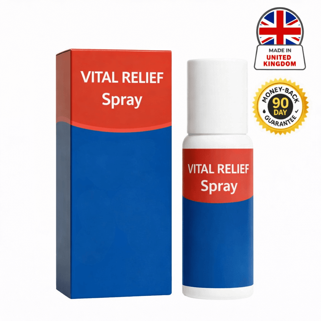 Vital Relief Spray packaging and bottle for enhancing skin appearance easily.