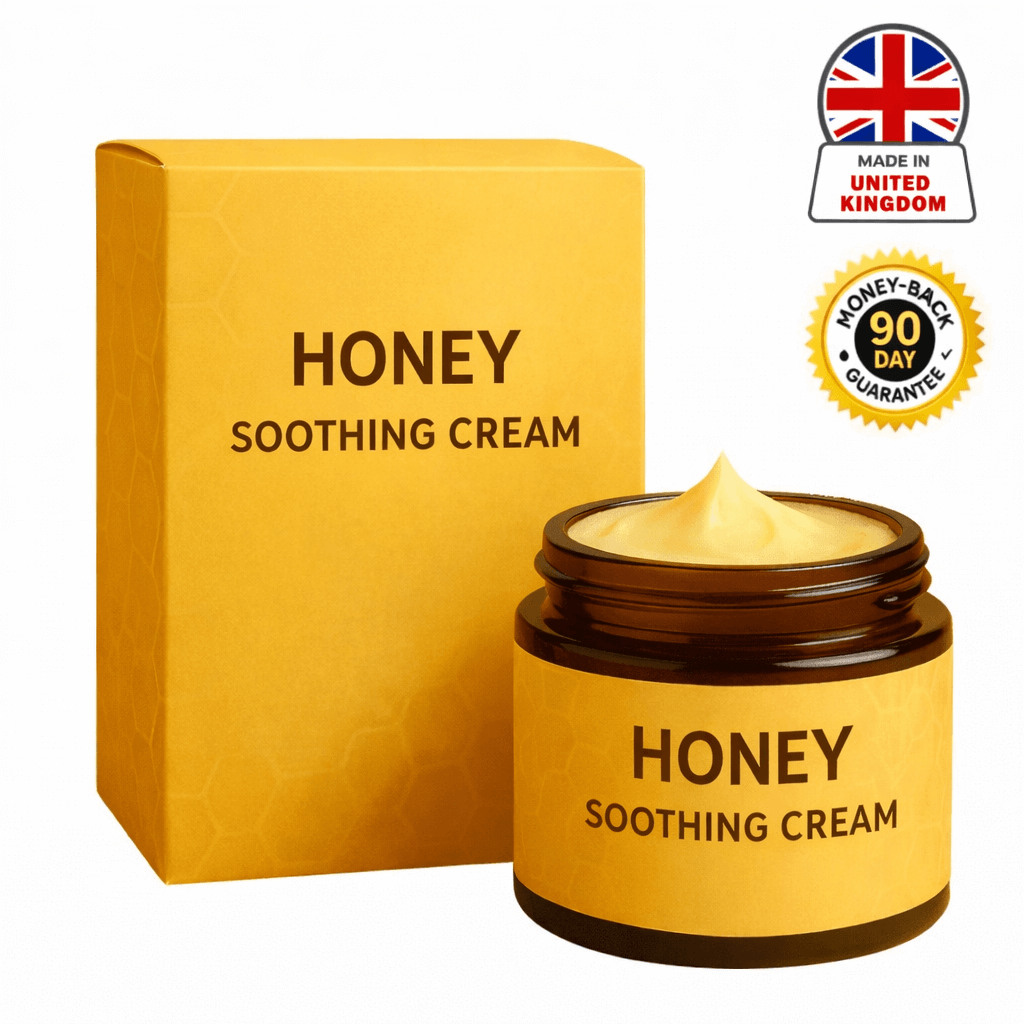 Honey Soothing Cream jar with yellow packaging, promoting skin maintenance and quick absorption.
