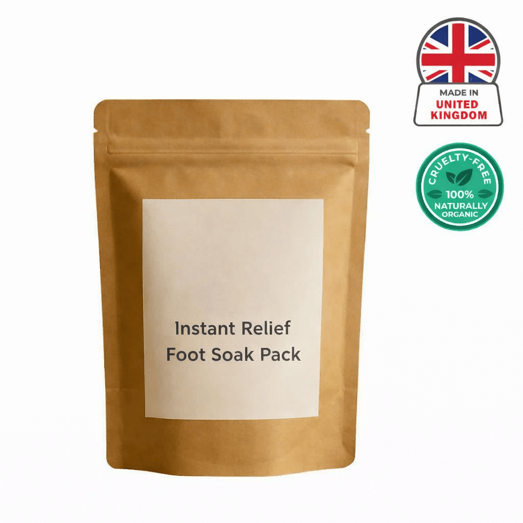 Instant Relief Foot Soak Pack in eco-friendly packaging, featuring cruelty-free and organic labels.