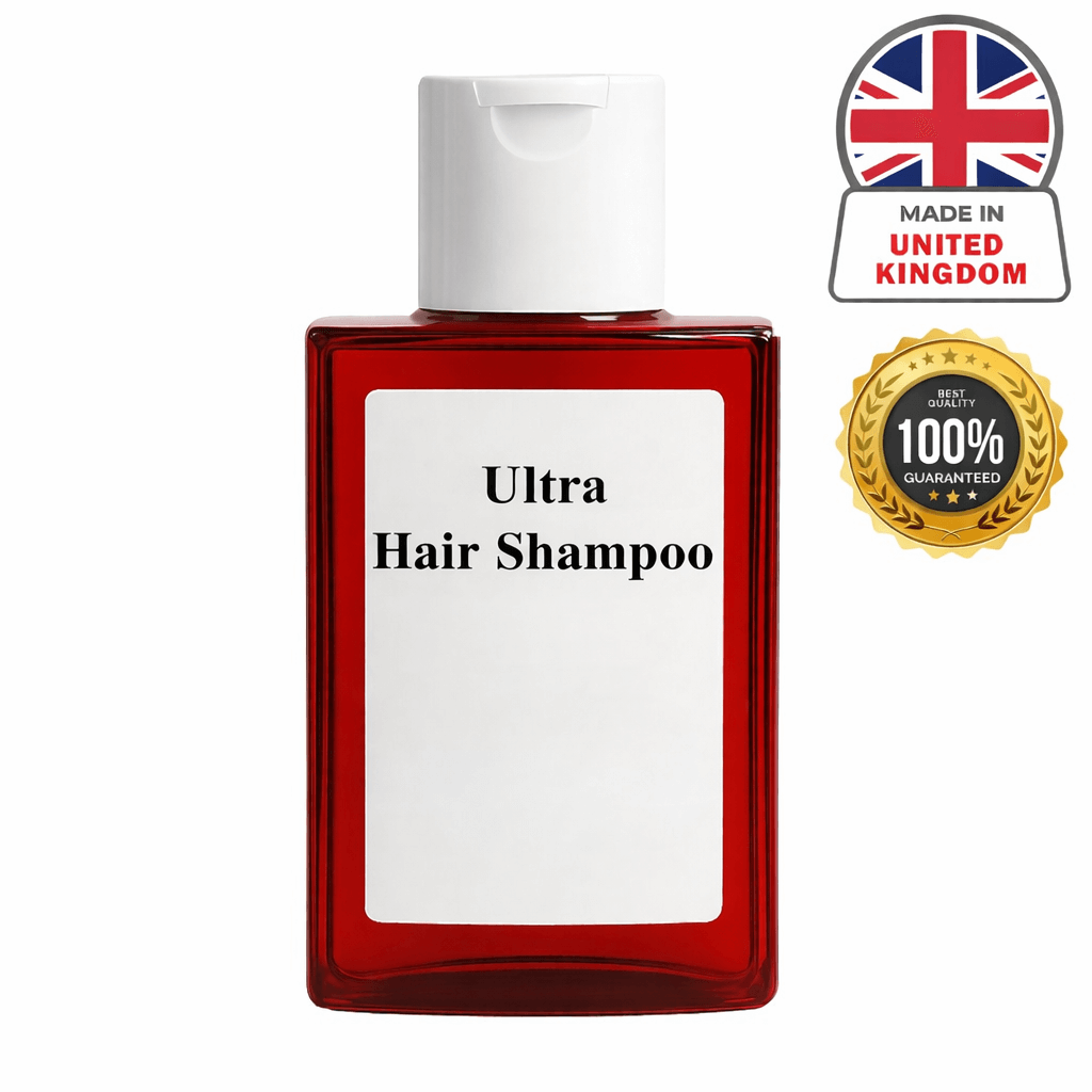 Bottle of Ultra Hair Shampoo, crafted for glossy and resilient hair, made in the United Kingdom.
