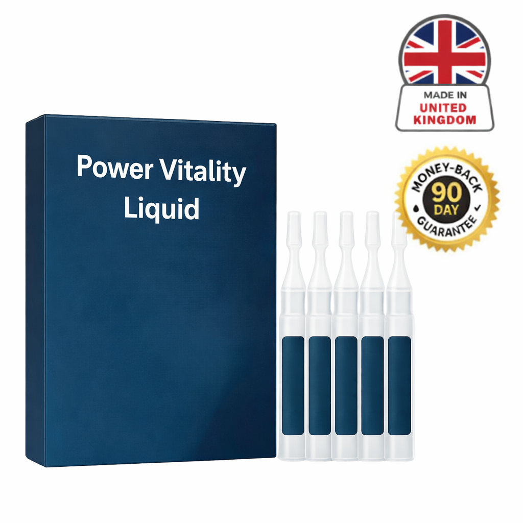 Power Vitality Liquid packaging with five ampoules for skincare, highlighting its benefits and British manufacturing.