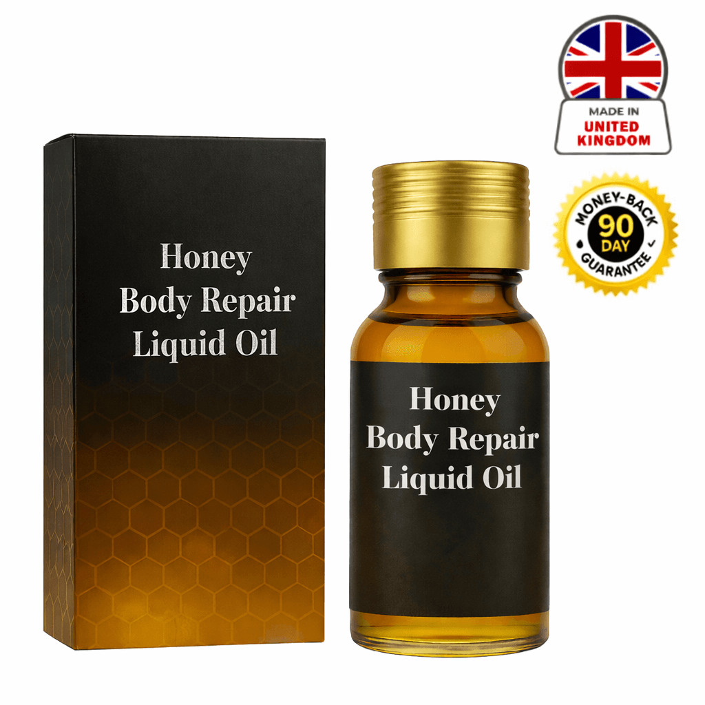 Honey Body Repair Liquid Oil in a bottle with box, promoting smoother skin and a 90-day satisfaction guarantee.