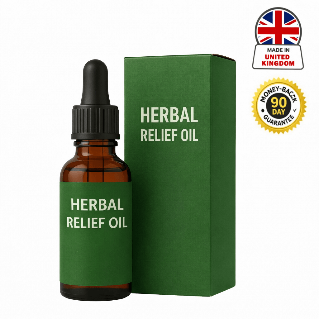 Herbal Relief Oil in a green bottle with a dropper and matching box, showcasing its natural skincare benefits.