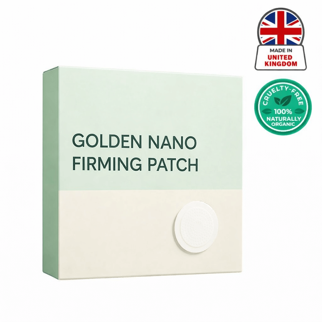 Golden Nano Firming Path packaging featuring a lightweight, cruelty-free skincare patch made in the UK.