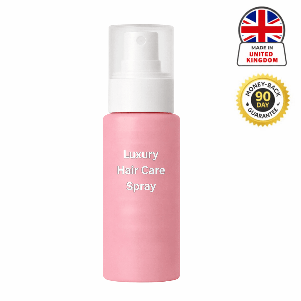 Luxury Hair Care Spray bottle in pink, featuring a pump top for easy application and botanical ingredients.