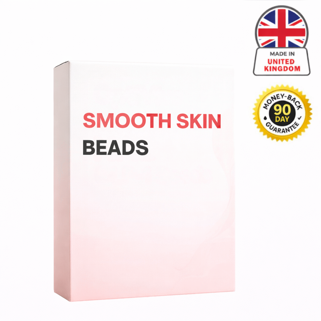 Smooth Skin Beads packaging featuring a clean design and British Made guarantee.