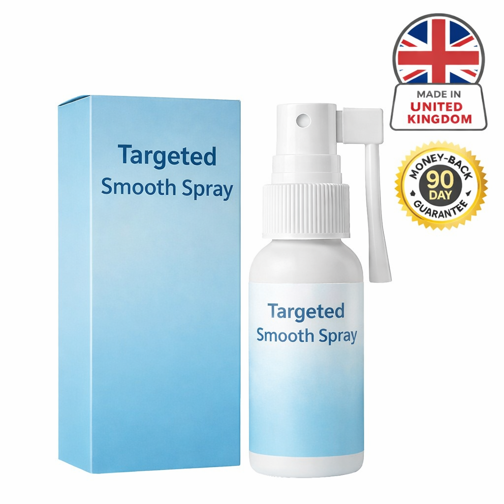 Targeted Smooth Spray bottle and packaging with UK flag, showcasing a lightweight skincare solution.