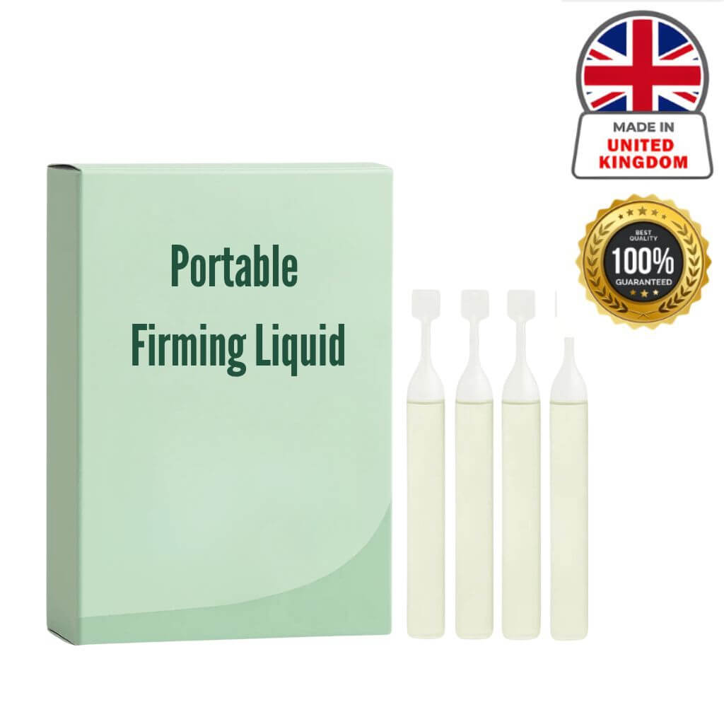 Portable Firming Liquid packaging with four ampoules, showcasing luxury skincare from the UK.