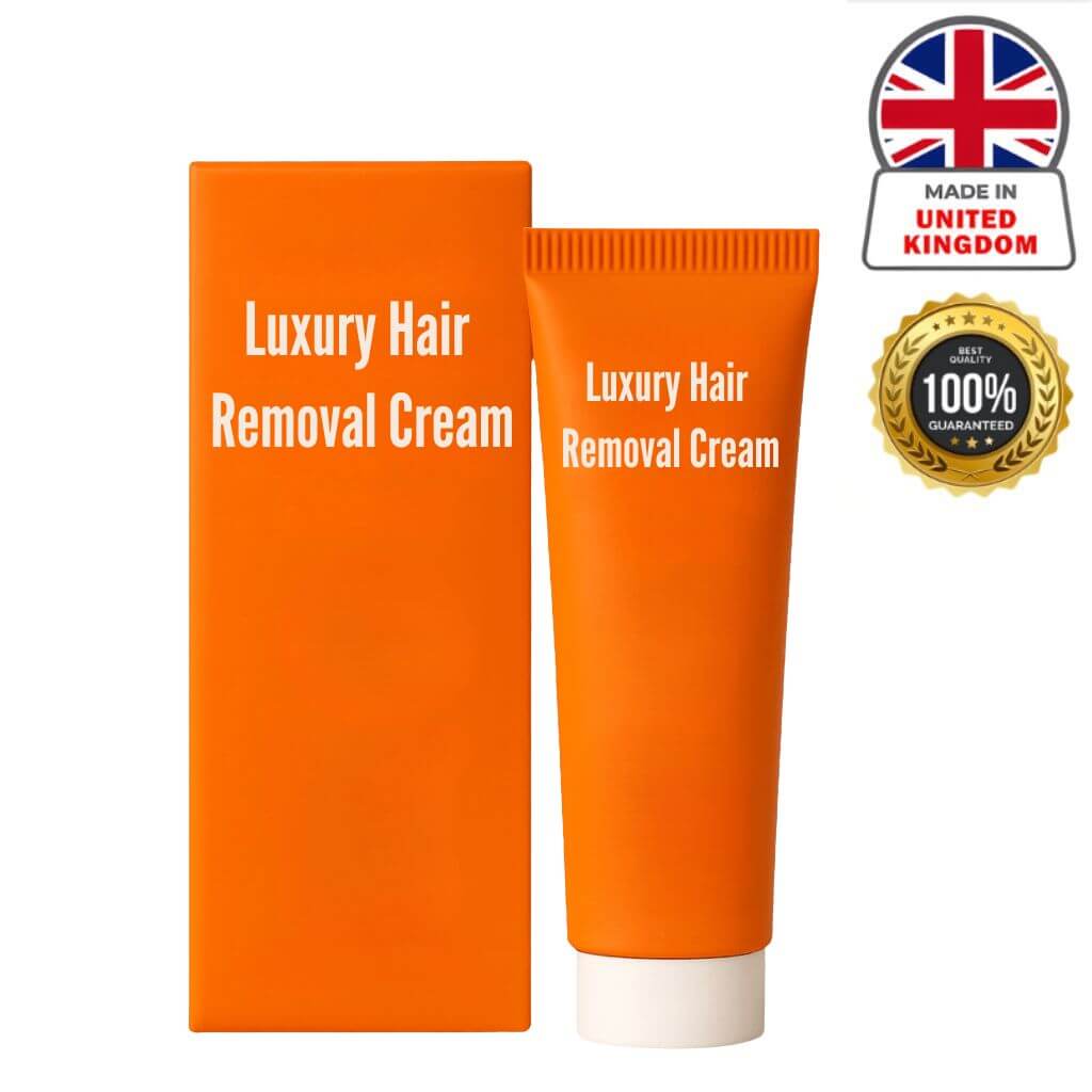Luxury Hair Removal Cream tube and box in bright orange packaging for effective hair removal.
