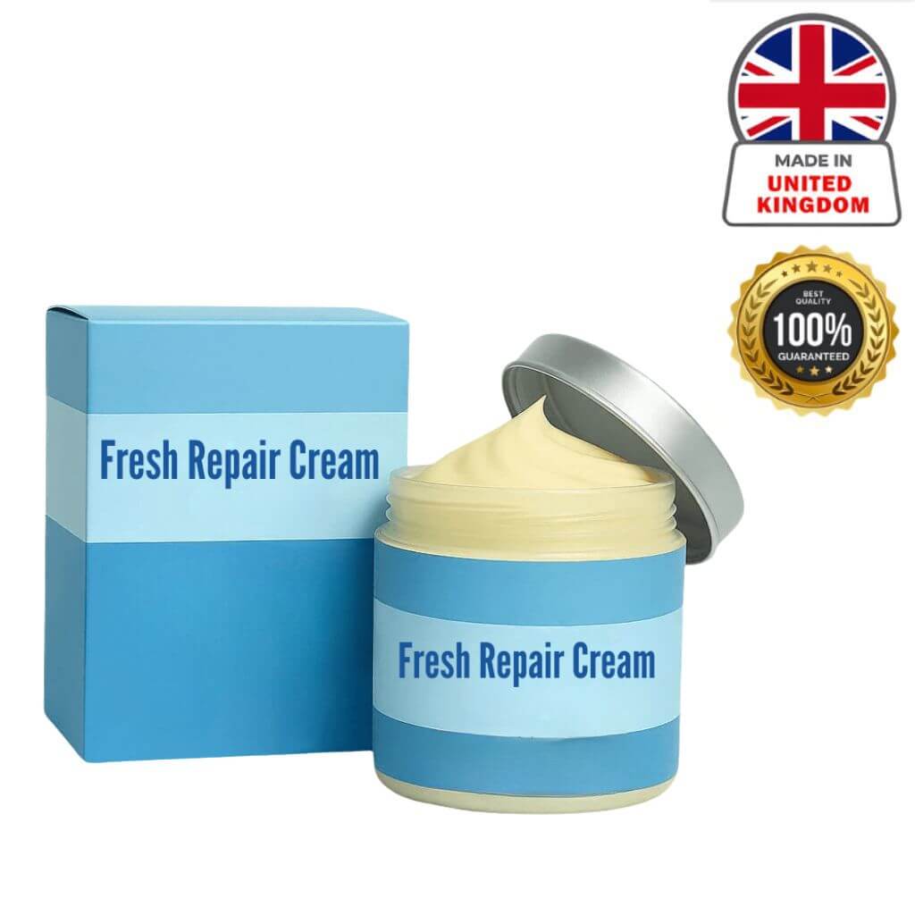 Fresh Repair Cream in a blue jar with a matching box, emphasizing silky-smooth skin and fast absorption.