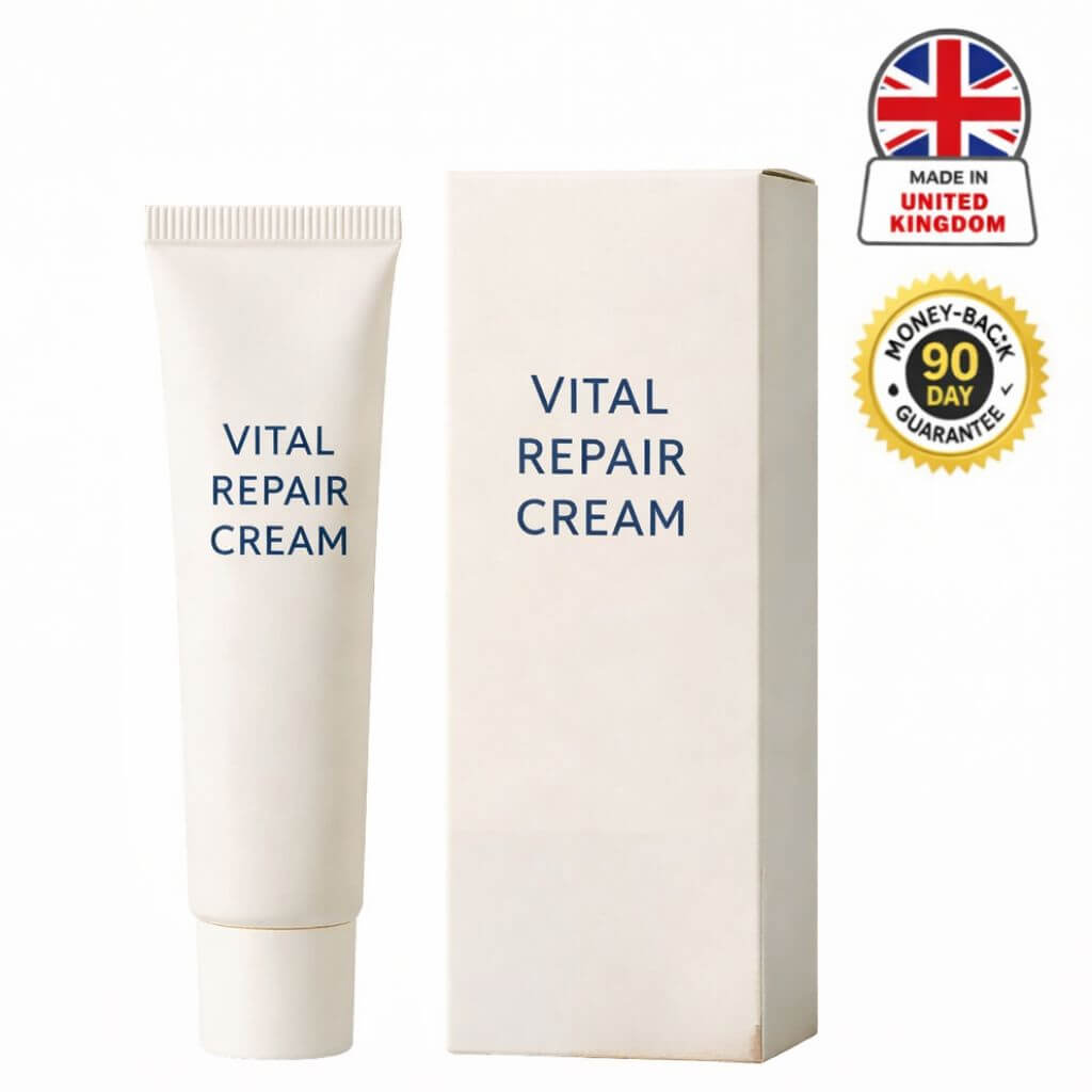 Vital Repair Cream tube and box packaging with British flag, made in the UK, 90-day money-back guarantee.