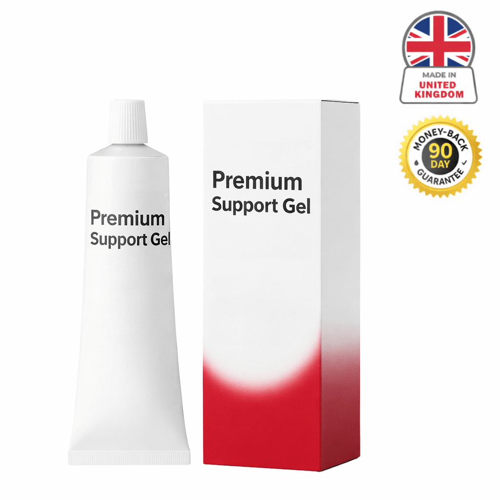 Premium Support Gel tube and packaging showcasing a clean, polished design for skincare.