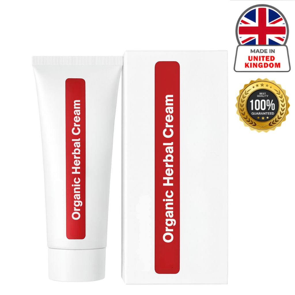Organic Herbal Cream tube and box design showcasing skincare benefits and UK origin.