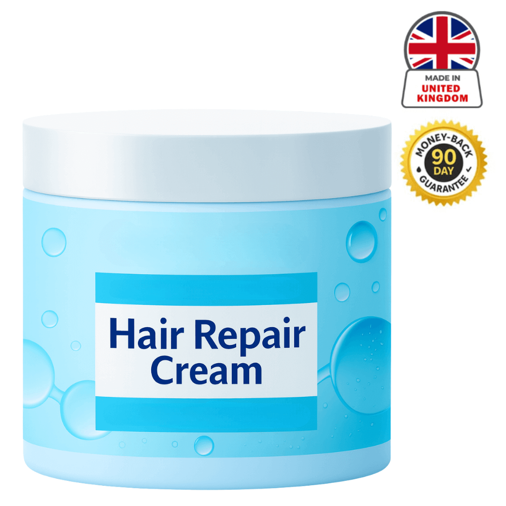 Hair Restore Cream in a light blue jar with a white lid, designed for hair smoothing and repair.