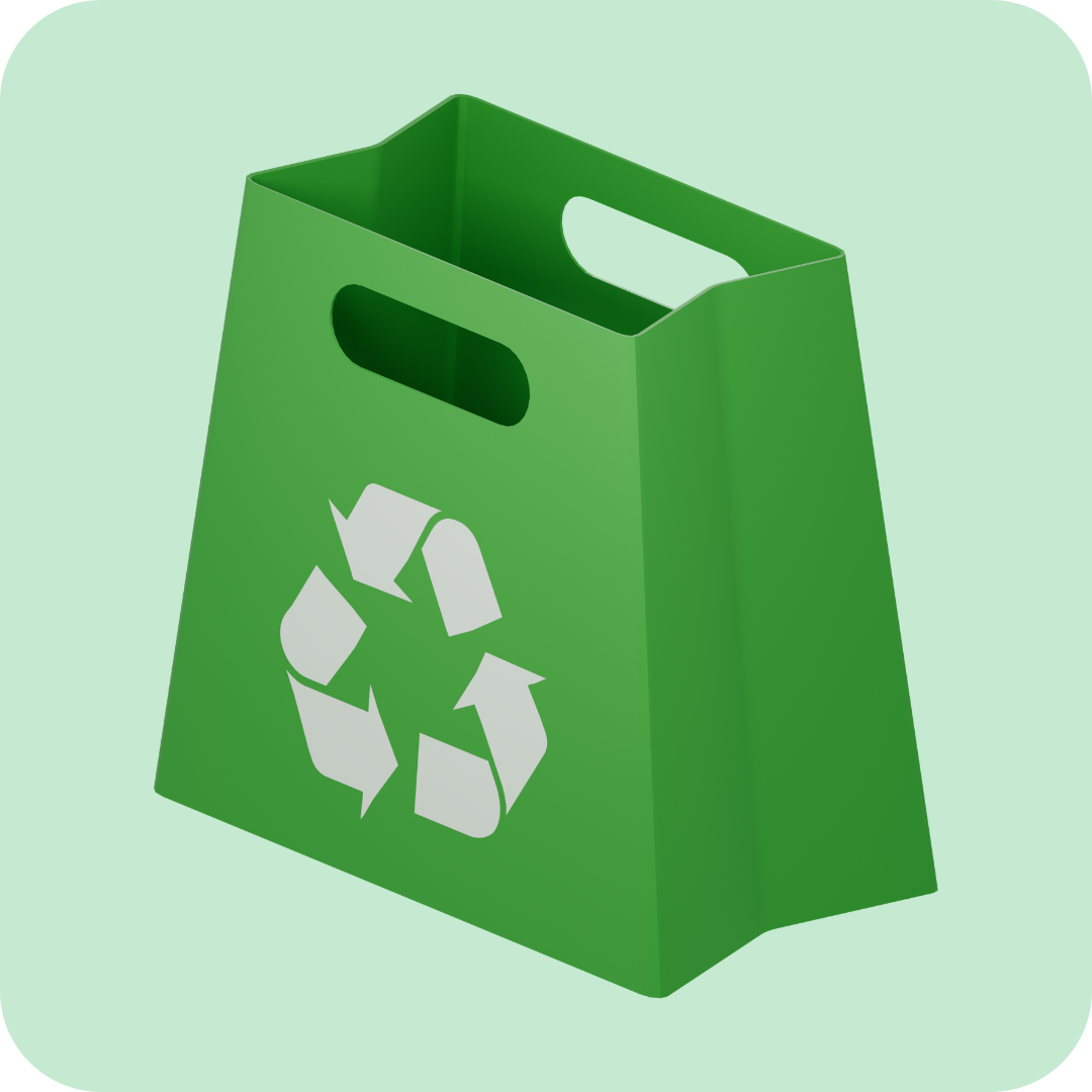 Eco-Friendly Packaging bag with recycling symbol on a green background.
